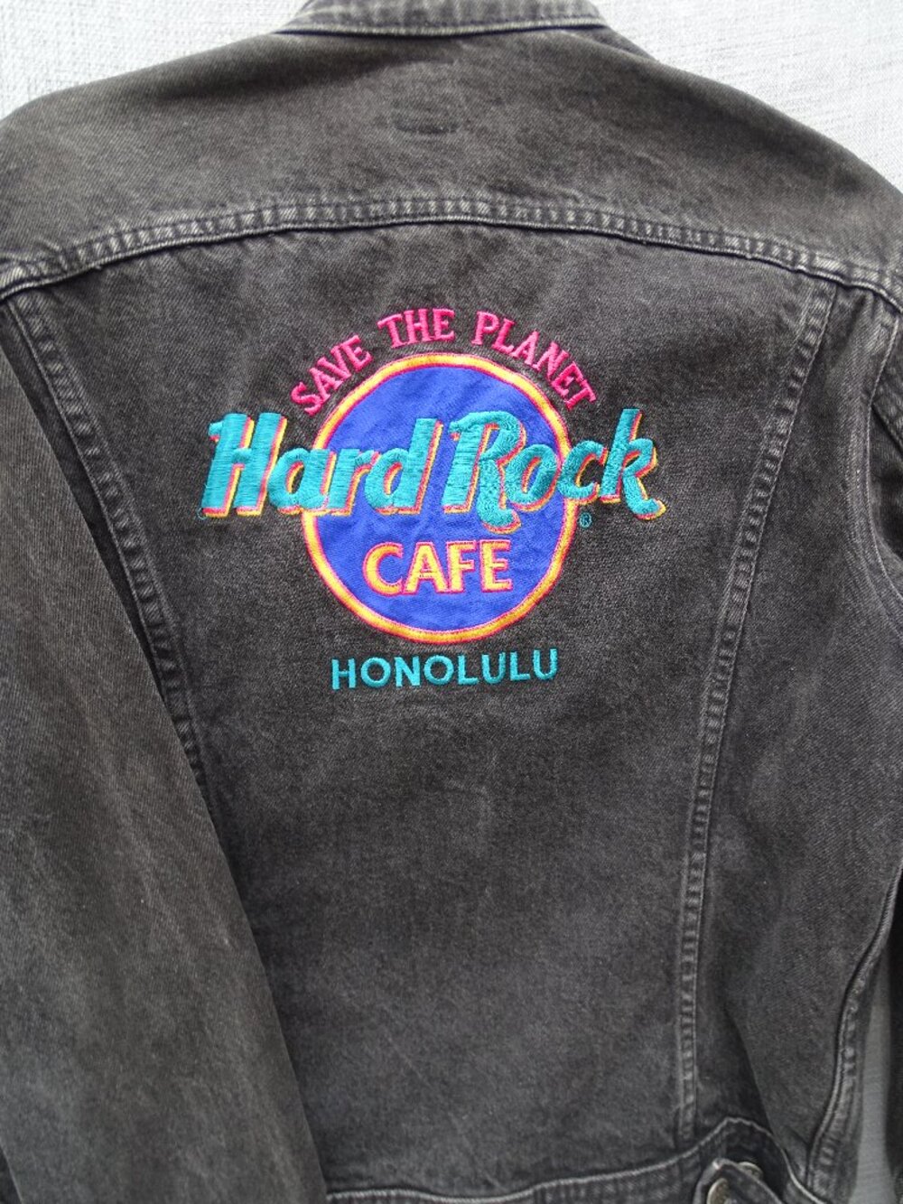 Lee Hard Rock Cafe Honolulu Black Denim Jacket Neon Stitch Patch Size L